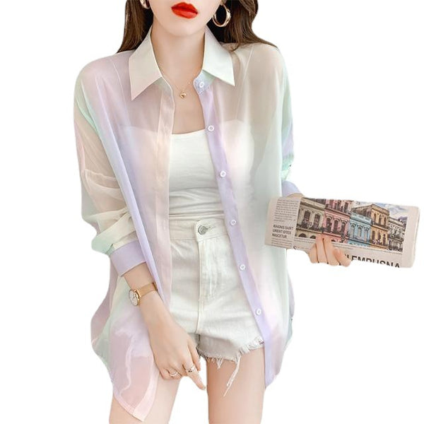 Attractive Summer Pretty Women Office Ladies OL Rainbow Colorful Soft Sunscreen Lace Long Sleeves Tops Outer Top Cardigan Jacket