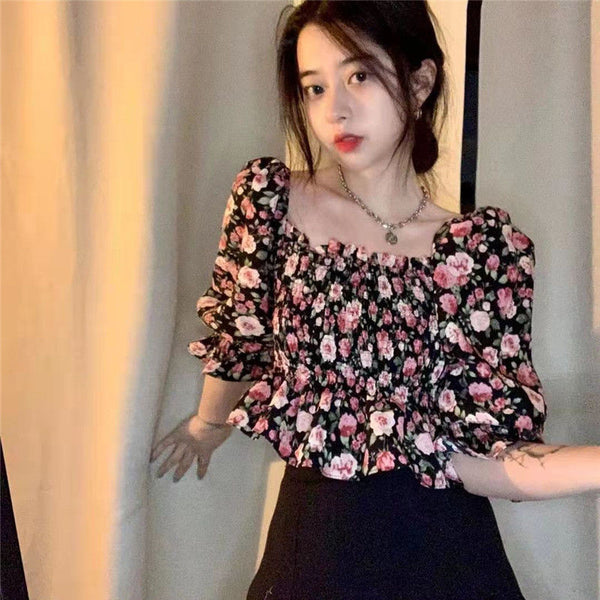 Summer Chic Women Chiffon Retro Attractive Floral Square Neck Ruffled Puff Sleeves Crop Top Blouse