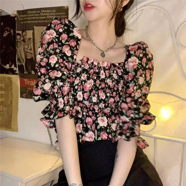 Summer Chic Women Chiffon Retro Attractive Floral Square Neck Ruffled Puff Sleeves Crop Top Blouse