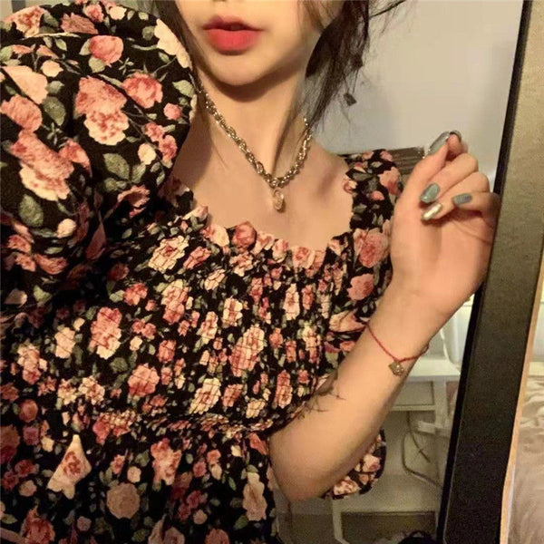 Summer Chic Women Chiffon Retro Attractive Floral Square Neck Ruffled Puff Sleeves Crop Top Blouse