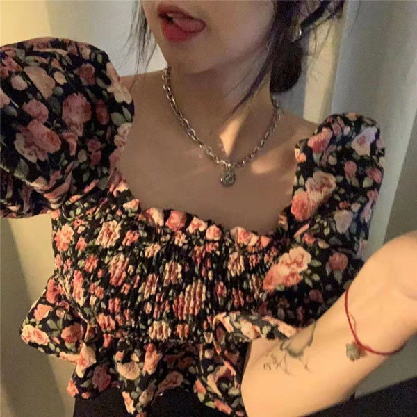 Summer Chic Women Chiffon Retro Attractive Floral Square Neck Ruffled Puff Sleeves Crop Top Blouse