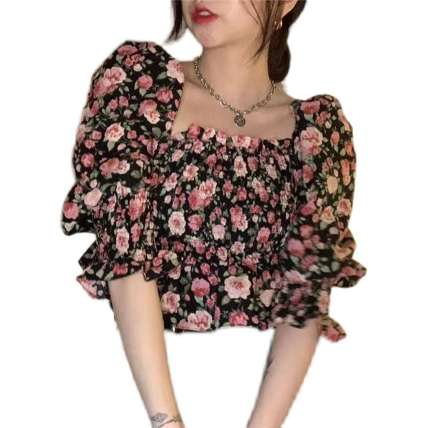 Summer Chic Women Chiffon Retro Attractive Floral Square Neck Ruffled Puff Sleeves Crop Top Blouse