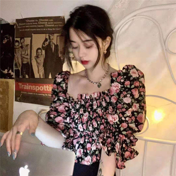 Summer Chic Women Chiffon Retro Attractive Floral Square Neck Ruffled Puff Sleeves Crop Top Blouse
