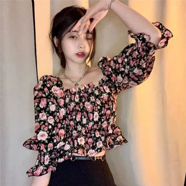 Summer Chic Women Chiffon Retro Attractive Floral Square Neck Ruffled Puff Sleeves Crop Top Blouse
