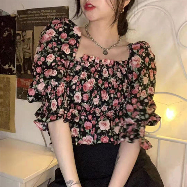 Summer Chic Women Chiffon Retro Attractive Floral Square Neck Ruffled Puff Sleeves Crop Top Blouse