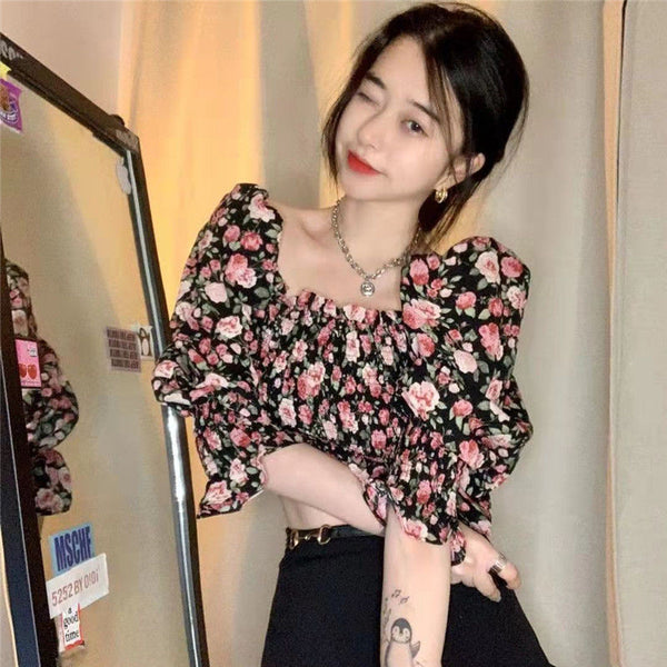 Summer Chic Women Chiffon Retro Attractive Floral Square Neck Ruffled Puff Sleeves Crop Top Blouse