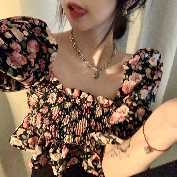 Summer Chic Women Chiffon Retro Attractive Floral Square Neck Ruffled Puff Sleeves Crop Top Blouse