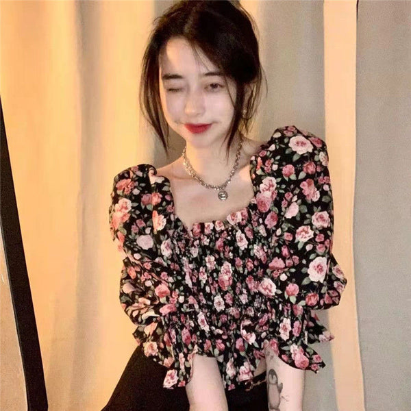 Summer Chic Women Chiffon Retro Attractive Floral Square Neck Ruffled Puff Sleeves Crop Top Blouse