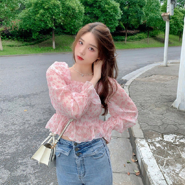 Summer Pretty Women Pink Floral Printed Breathable Chiffon Long Puff Sleeves Short Crop Top Blouse