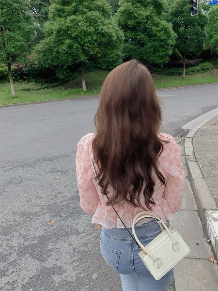 Summer Pretty Women Pink Floral Printed Breathable Chiffon Long Puff Sleeves Short Crop Top Blouse