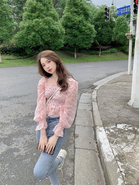 Summer Pretty Women Pink Floral Printed Breathable Chiffon Long Puff Sleeves Short Crop Top Blouse