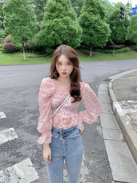 Summer Pretty Women Pink Floral Printed Breathable Chiffon Long Puff Sleeves Short Crop Top Blouse