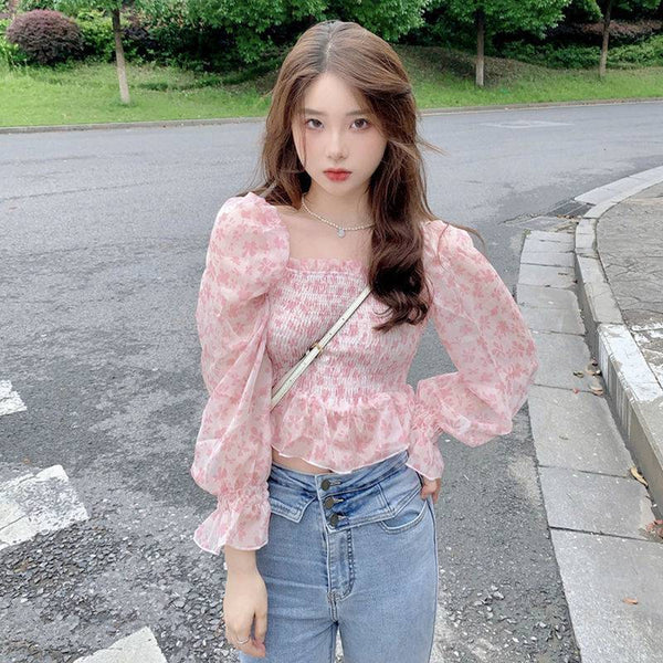 Summer Pretty Women Pink Floral Printed Breathable Chiffon Long Puff Sleeves Short Crop Top Blouse