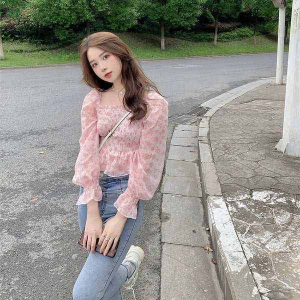Summer Pretty Women Pink Floral Printed Breathable Chiffon Long Puff Sleeves Short Crop Top Blouse