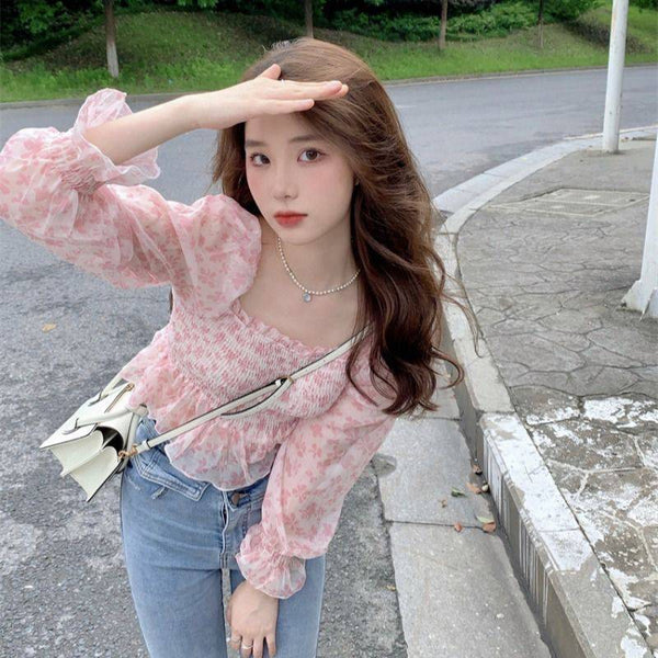 Summer Pretty Women Pink Floral Printed Breathable Chiffon Long Puff Sleeves Short Crop Top Blouse