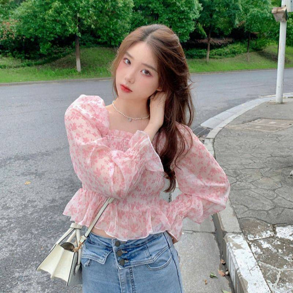 Summer Pretty Women Pink Floral Printed Breathable Chiffon Long Puff Sleeves Short Crop Top Blouse