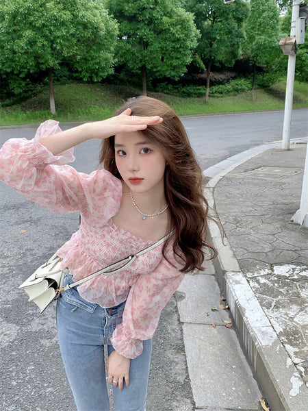 Summer Pretty Women Pink Floral Printed Breathable Chiffon Long Puff Sleeves Short Crop Top Blouse