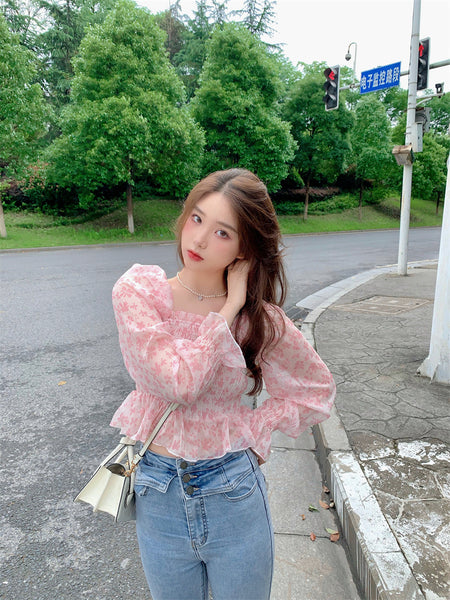 Summer Pretty Women Pink Floral Printed Breathable Chiffon Long Puff Sleeves Short Crop Top Blouse