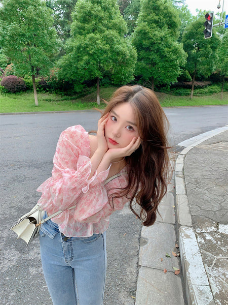 Summer Pretty Women Pink Floral Printed Breathable Chiffon Long Puff Sleeves Short Crop Top Blouse