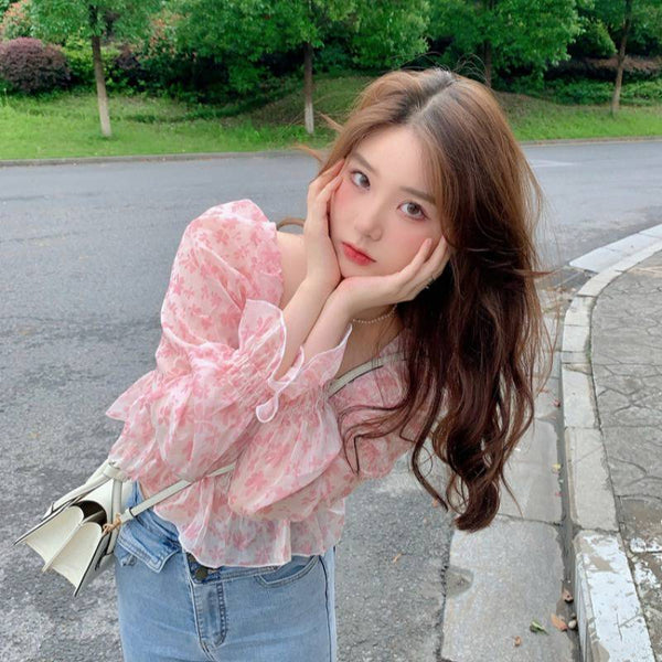 Summer Pretty Women Pink Floral Printed Breathable Chiffon Long Puff Sleeves Short Crop Top Blouse