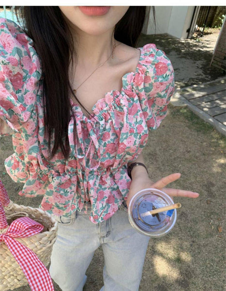 Summer Pretty Women Pink Floral Printed Off Shoulder Drawstring Bow Neck Short Puff Sleeves Short Crop Top Blouse