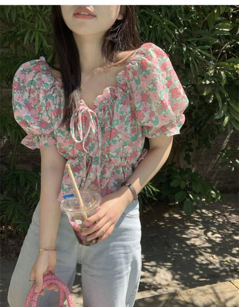 Summer Pretty Women Pink Floral Printed Off Shoulder Drawstring Bow Neck Short Puff Sleeves Short Crop Top Blouse