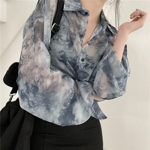 Summer Women Tie Paint Dye Long Sleeved Sunscreen Retro Collar Neck Loose T Shirt