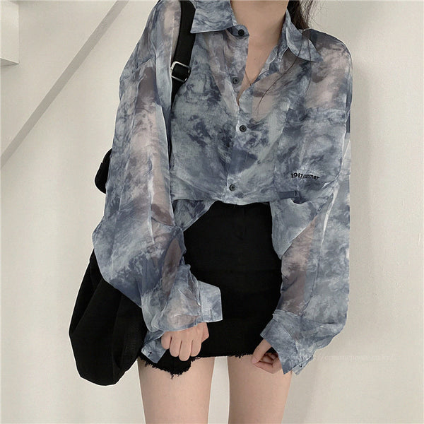 Summer Women Tie Paint Dye Long Sleeved Sunscreen Retro Collar Neck Loose T Shirt