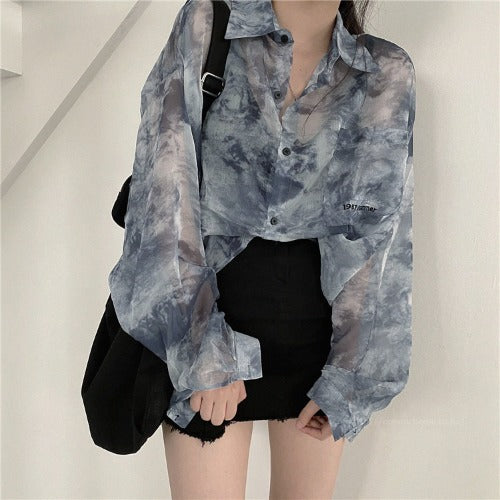 Summer Women Tie Paint Dye Long Sleeved Sunscreen Retro Collar Neck Loose T Shirt