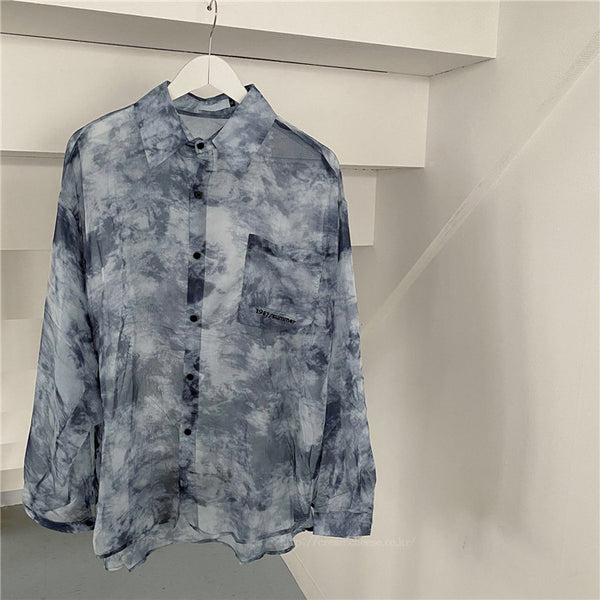 Summer Women Tie Paint Dye Long Sleeved Sunscreen Retro Collar Neck Loose T Shirt
