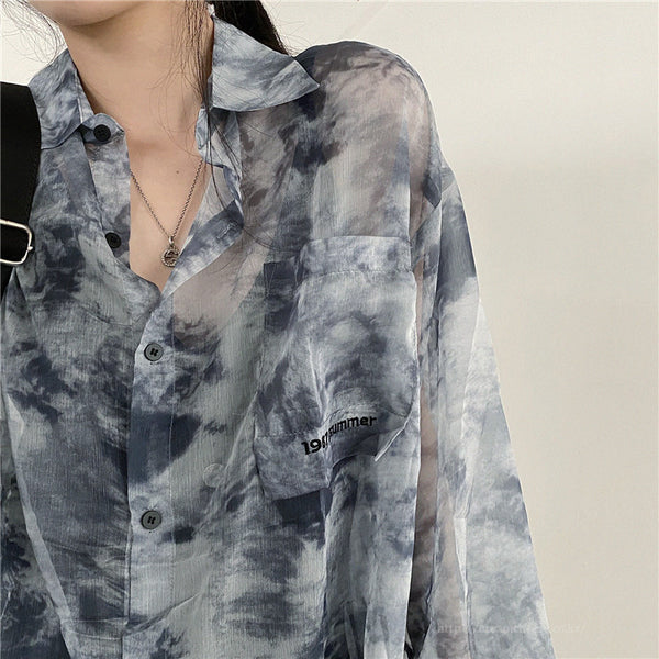 Summer Women Tie Paint Dye Long Sleeved Sunscreen Retro Collar Neck Loose T Shirt