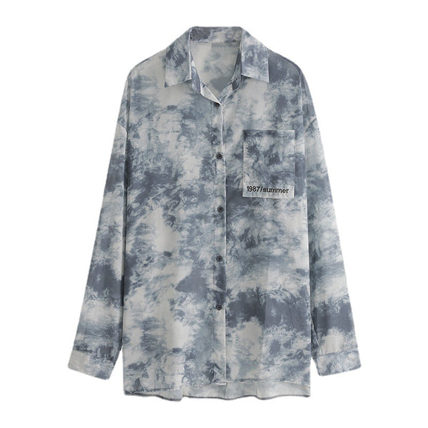 Summer Women Tie Paint Dye Long Sleeved Sunscreen Retro Collar Neck Loose T Shirt