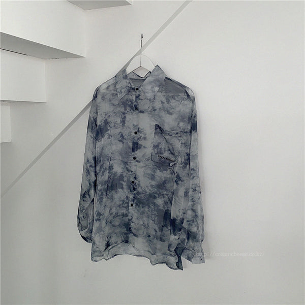 Summer Women Tie Paint Dye Long Sleeved Sunscreen Retro Collar Neck Loose T Shirt