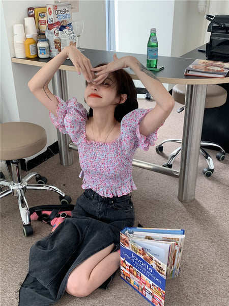 Temperament Sweet Women Smoking Stylish Puff Sleeves Square Neck Smoke Tops Off Shoulder Short Crop Top