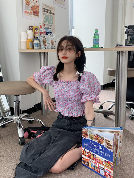 Temperament Sweet Women Smoking Stylish Puff Sleeves Square Neck Smoke Tops Off Shoulder Short Crop Top