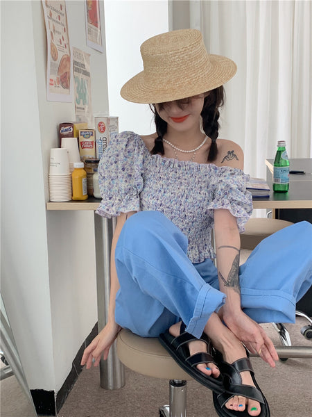 Temperament Sweet Women Smoking Stylish Puff Sleeves Square Neck Smoke Tops Off Shoulder Short Crop Top