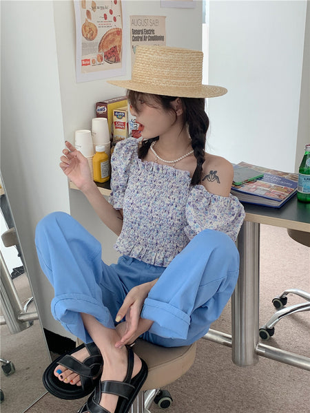 Temperament Sweet Women Smoking Stylish Puff Sleeves Square Neck Smoke Tops Off Shoulder Short Crop Top