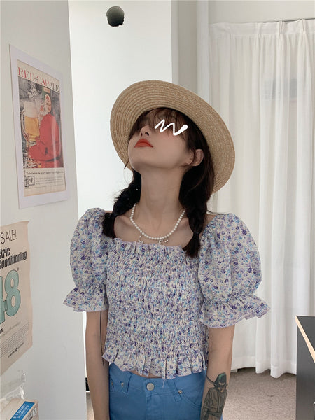 Temperament Sweet Women Smoking Stylish Puff Sleeves Square Neck Smoke Tops Off Shoulder Short Crop Top