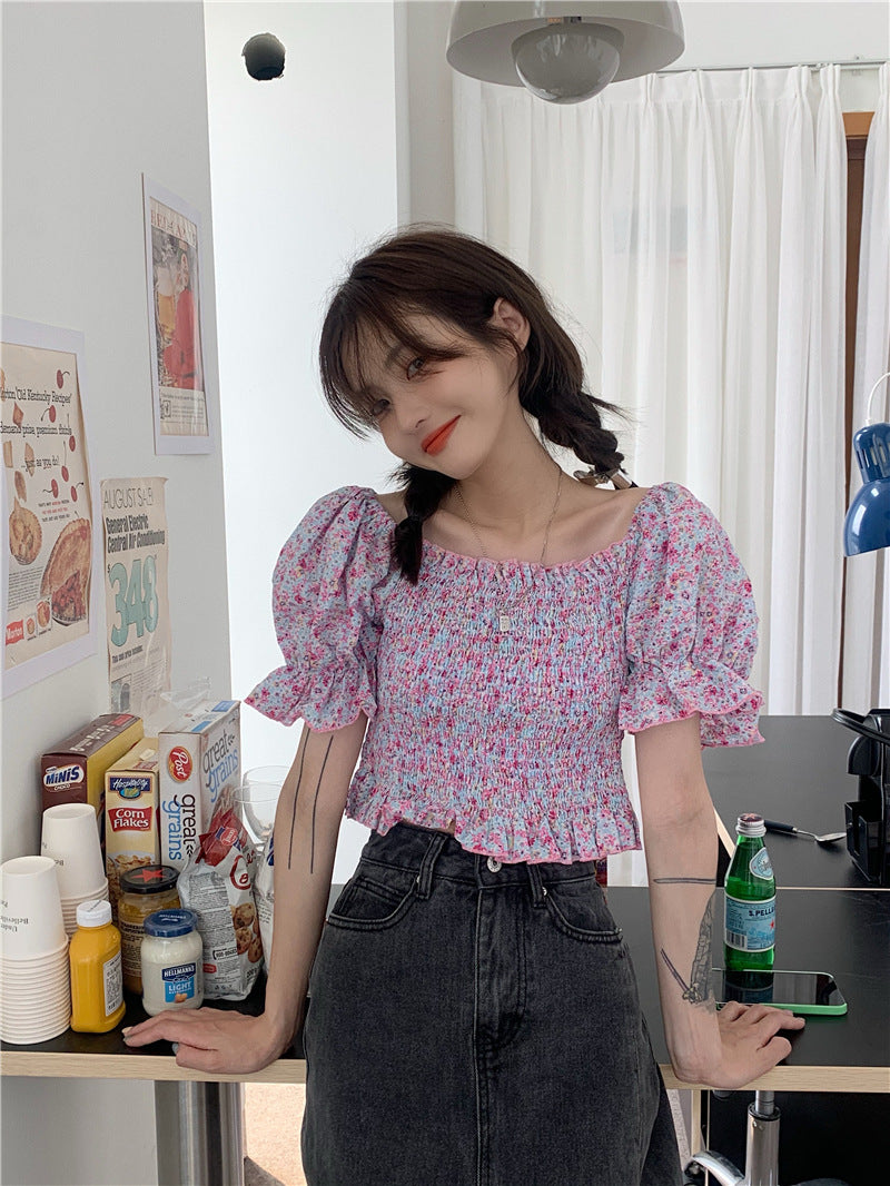 Temperament Sweet Women Smoking Stylish Puff Sleeves Square Neck Smoke Tops Off Shoulder Short Crop Top