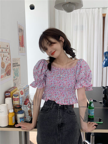 Temperament Sweet Women Smoking Stylish Puff Sleeves Square Neck Smoke Tops Off Shoulder Short Crop Top