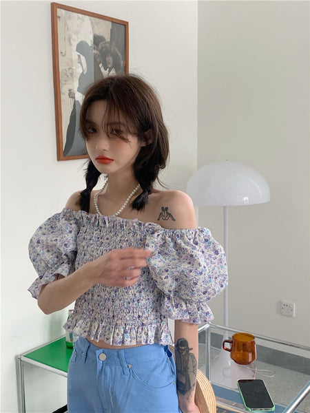 Temperament Sweet Women Smoking Stylish Puff Sleeves Square Neck Smoke Tops Off Shoulder Short Crop Top