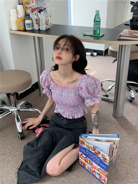 Temperament Sweet Women Smoking Stylish Puff Sleeves Square Neck Smoke Tops Off Shoulder Short Crop Top