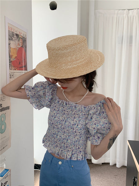 Temperament Sweet Women Smoking Stylish Puff Sleeves Square Neck Smoke Tops Off Shoulder Short Crop Top