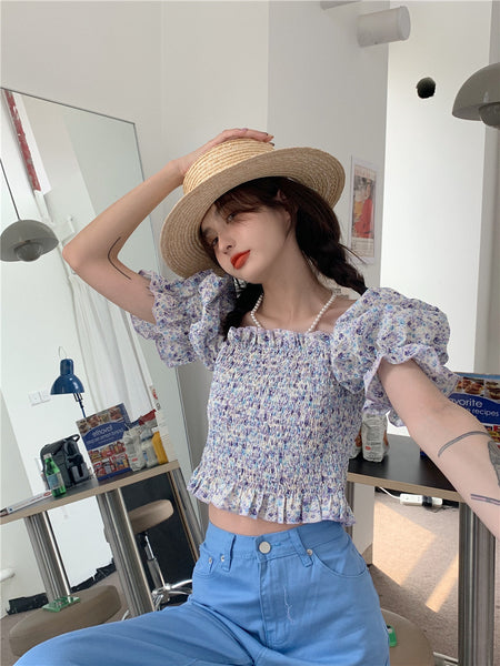 Temperament Sweet Women Smoking Stylish Puff Sleeves Square Neck Smoke Tops Off Shoulder Short Crop Top