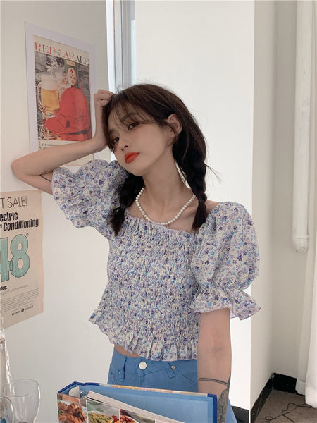 Temperament Sweet Women Smoking Stylish Puff Sleeves Square Neck Smoke Tops Off Shoulder Short Crop Top