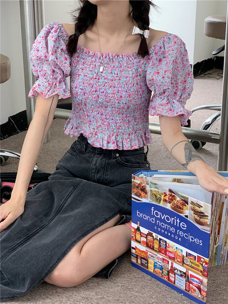 Temperament Sweet Women Smoking Stylish Puff Sleeves Square Neck Smoke Tops Off Shoulder Short Crop Top