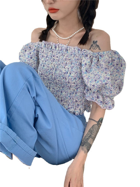 Temperament Sweet Women Smoking Stylish Puff Sleeves Square Neck Smoke Tops Off Shoulder Short Crop Top