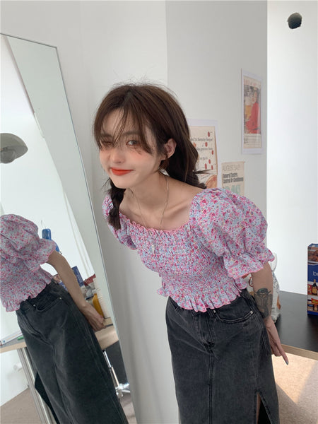 Temperament Sweet Women Smoking Stylish Puff Sleeves Square Neck Smoke Tops Off Shoulder Short Crop Top