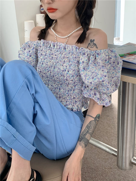 Temperament Sweet Women Smoking Stylish Puff Sleeves Square Neck Smoke Tops Off Shoulder Short Crop Top