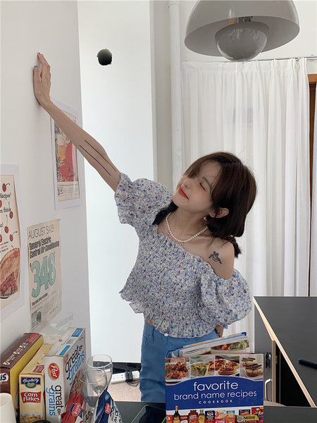 Temperament Sweet Women Smoking Stylish Puff Sleeves Square Neck Smoke Tops Off Shoulder Short Crop Top